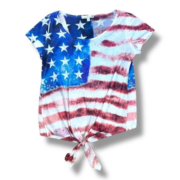NWOT Moa Moa Women’s Patriotic American Flag Red White and Blue Tie T-shirt Sz L - Picture 1 of 7